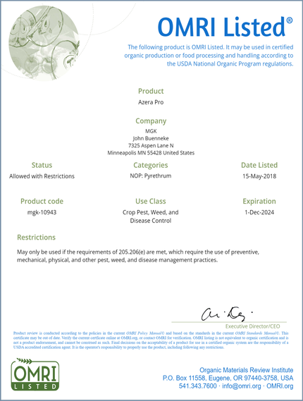 Azera Pro and Azera Gardening OMRI Listed