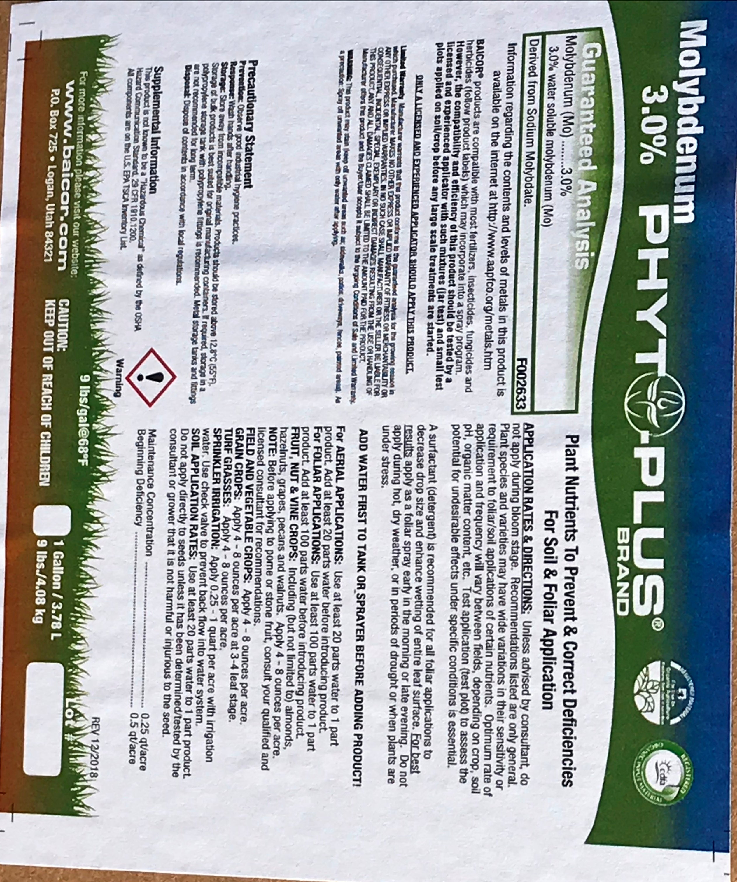 molybdenum fertilizer for plants BAICOR CHELATED MOLYDBENUM 3.0% WSDA listed