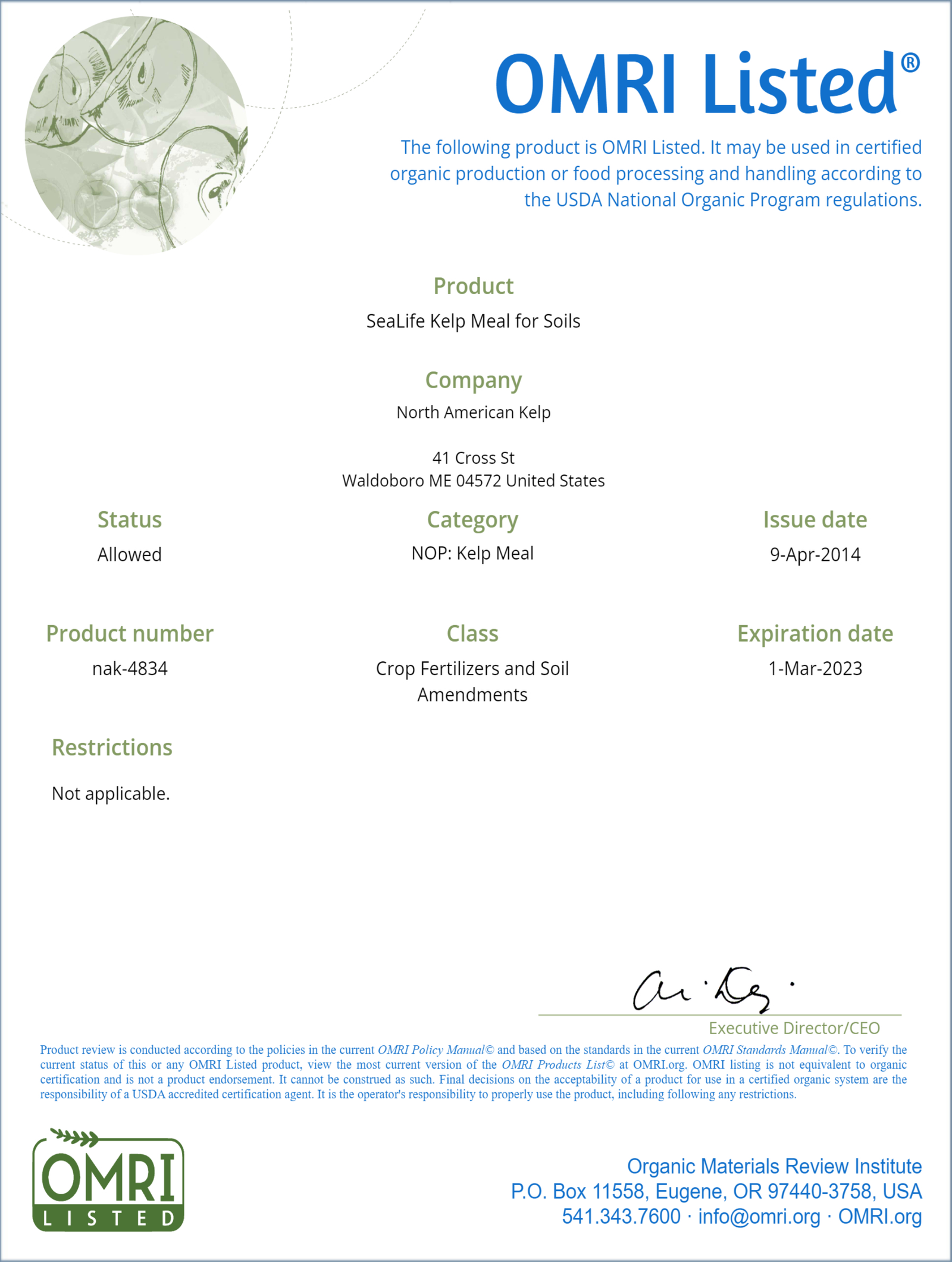 Kelp Meal Certified Organic (Ascophyllum nodosum) OMRI listed