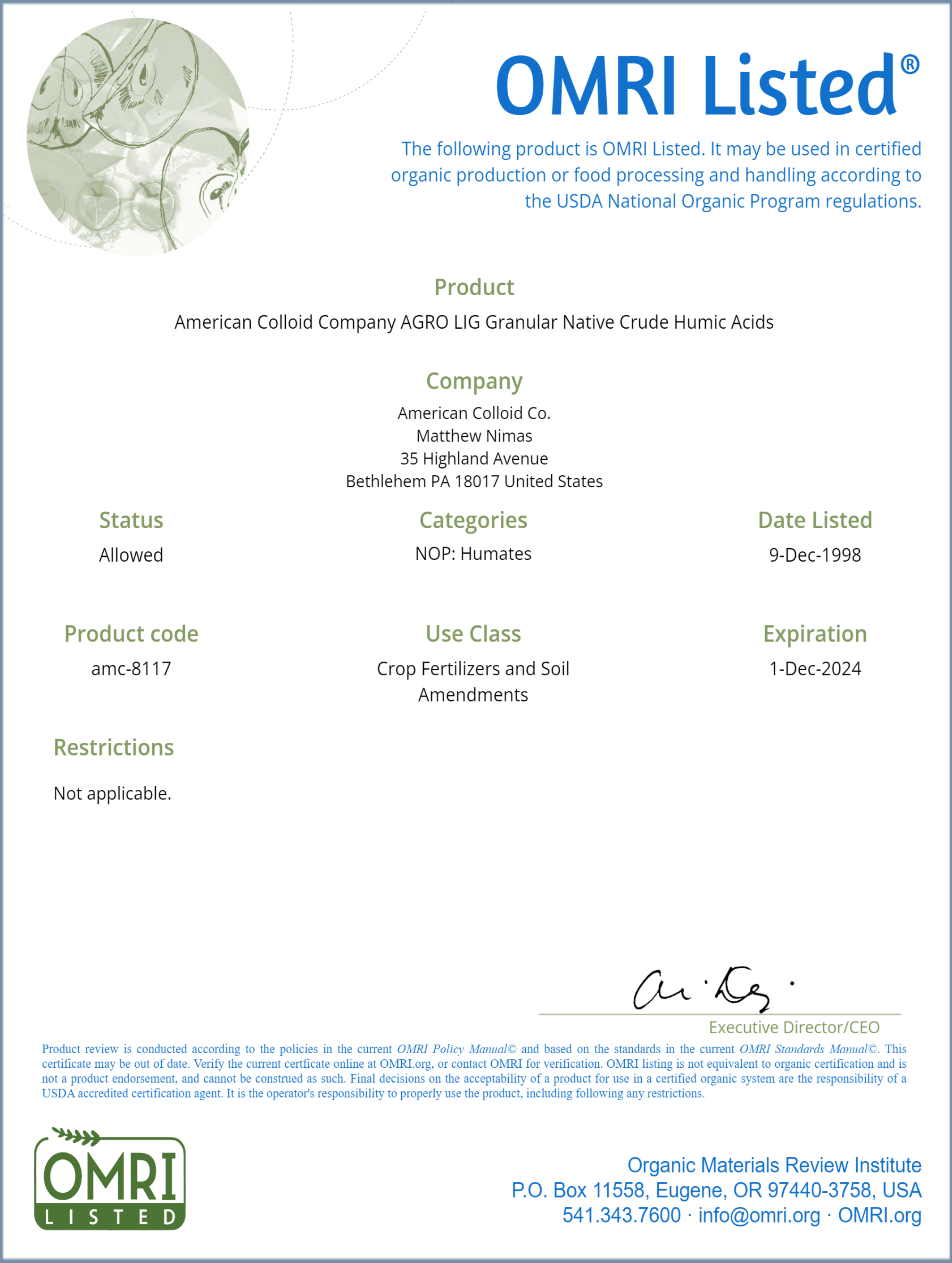 Agro-Lig Humate OMRI listed 50# bag