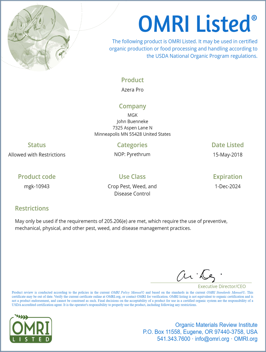 Azera Pro and Azera Gardening OMRI Listed