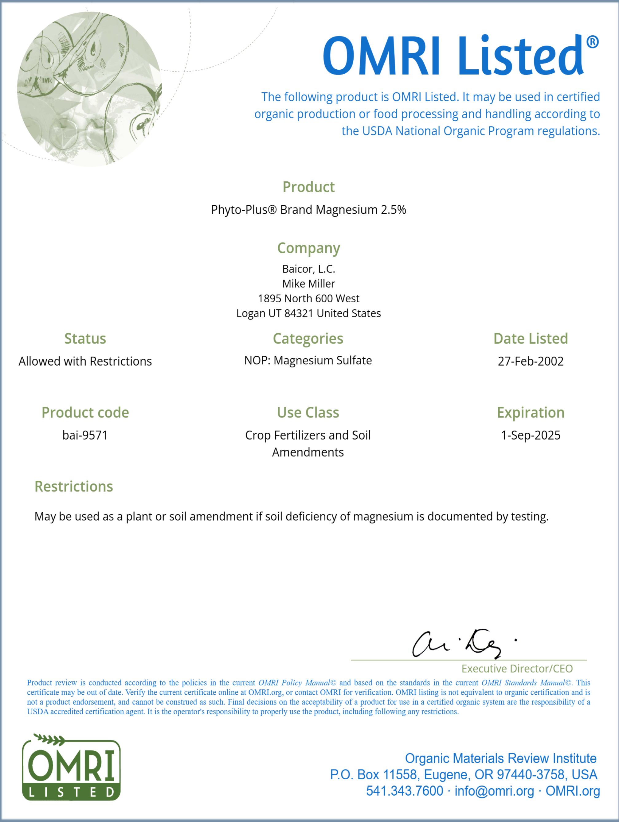 BAICOR CHELATED MAGNESIUM 2.5% OMRI listed