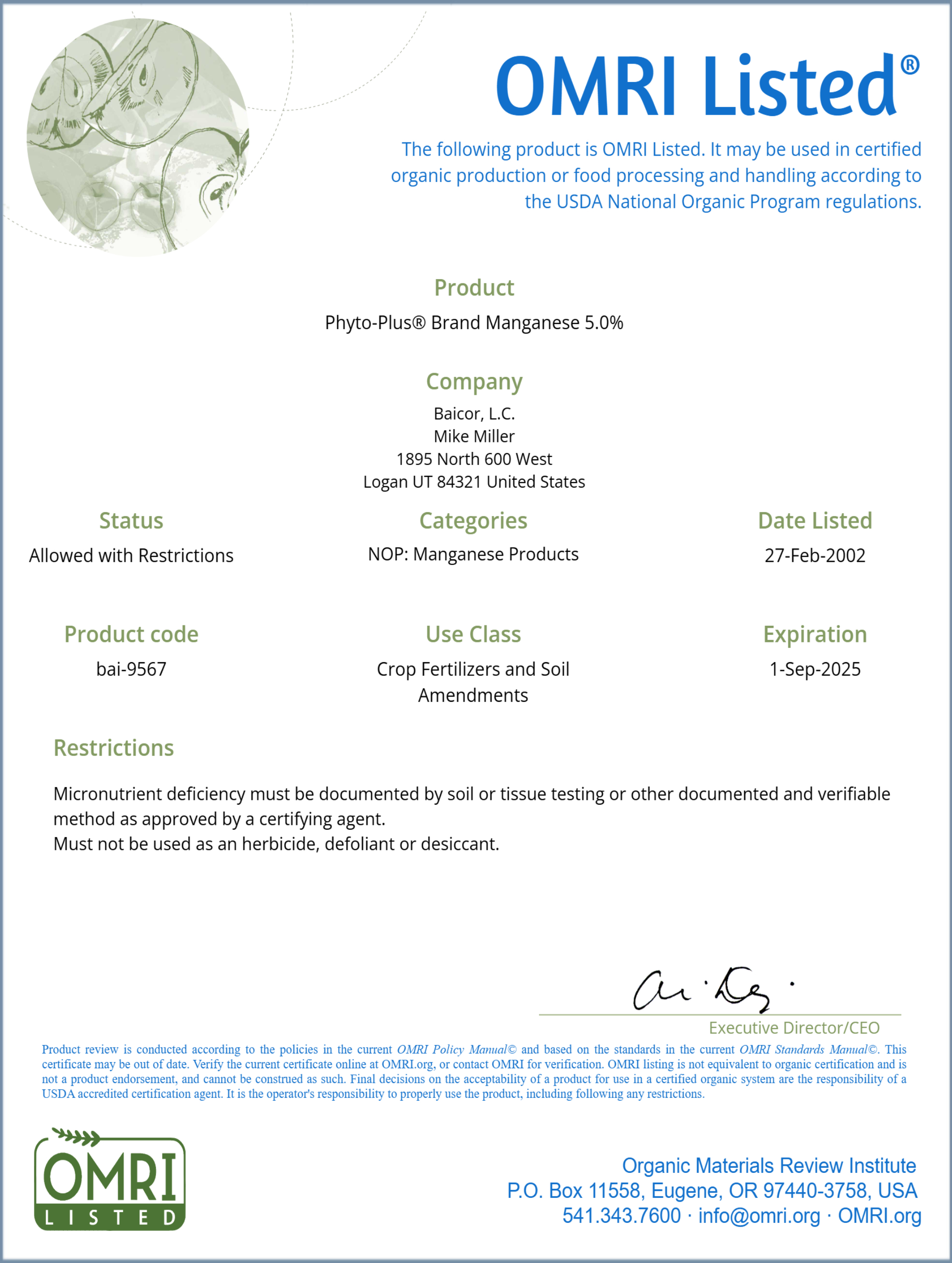BAICOR CHELATED MANGANESE 5.0%  OMRI listed