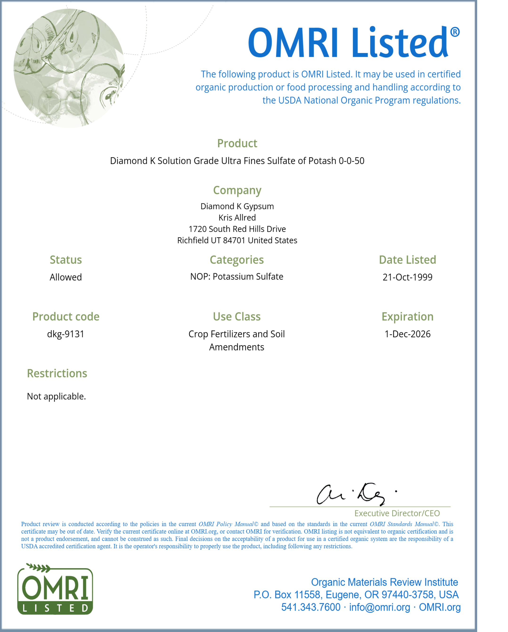 Water Soluble Sulfate of Potash Fines (0-0-50) OMRI Listed