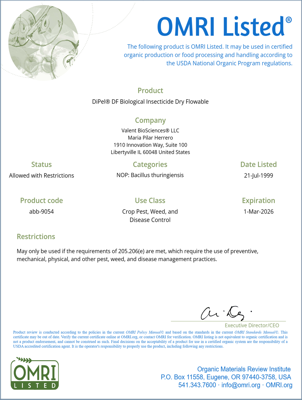 DIPEL DF B.T. (Bacillus Thuringiensis) OMRI listed