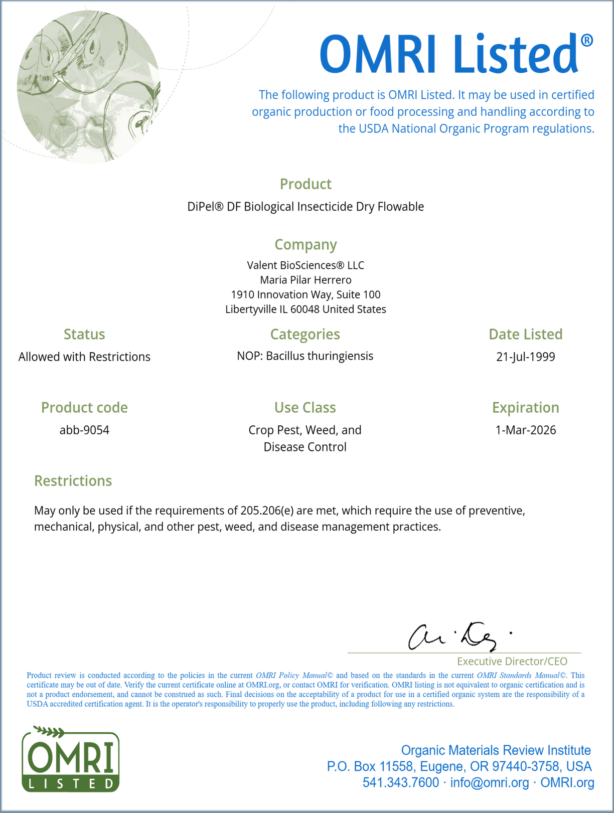 DIPEL DF B.T. (Bacillus Thuringiensis) OMRI listed