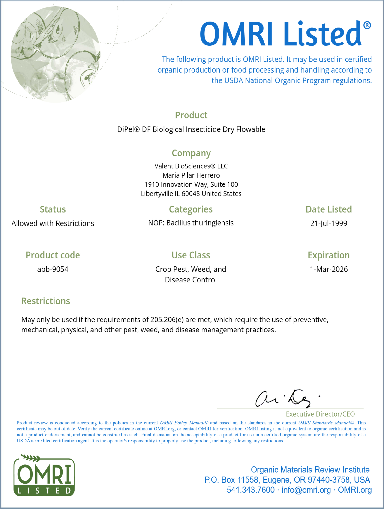 DIPEL DF B.T. (Bacillus Thuringiensis) OMRI listed
