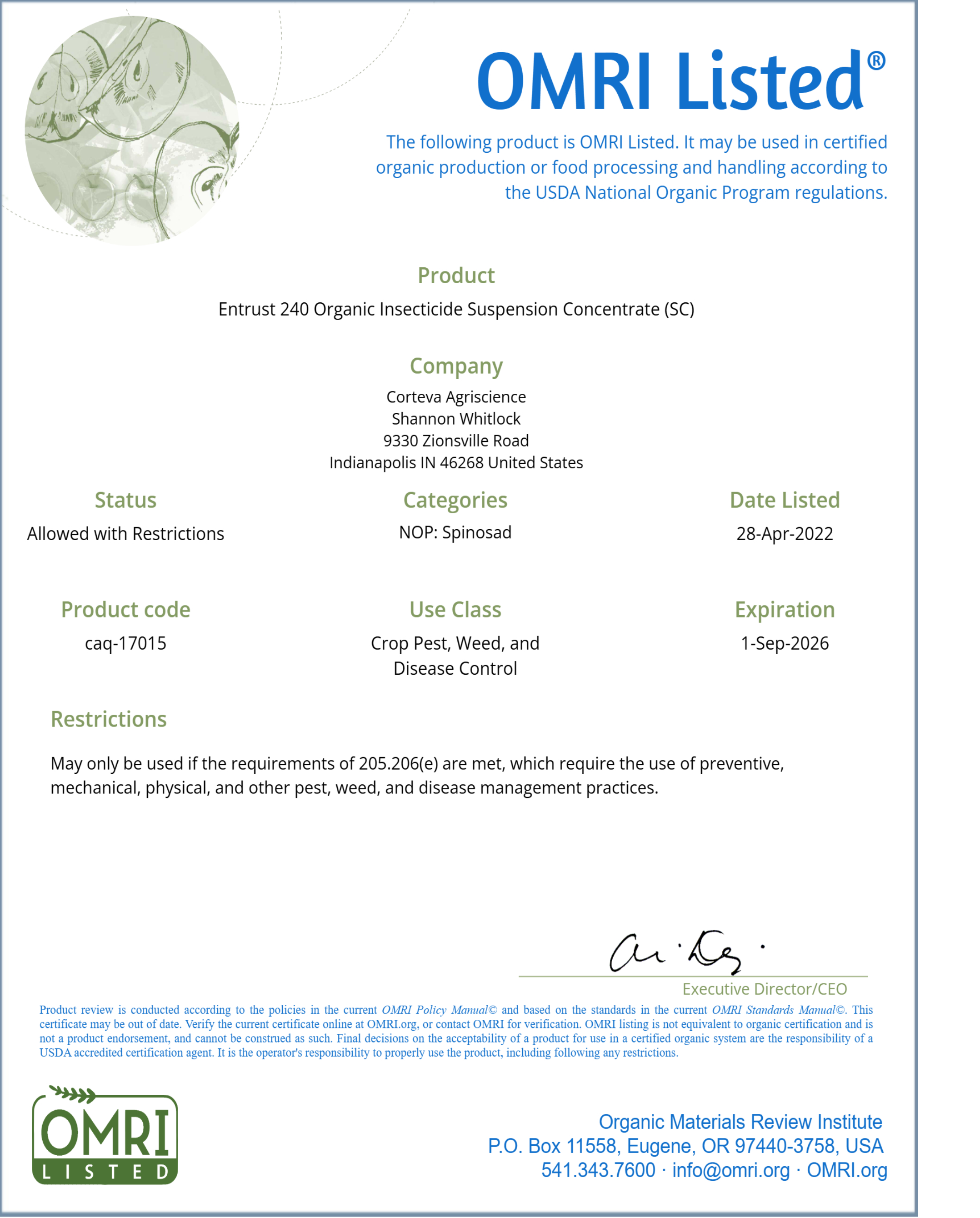 Entrust SC 22.5% Spinosad OMRI listed