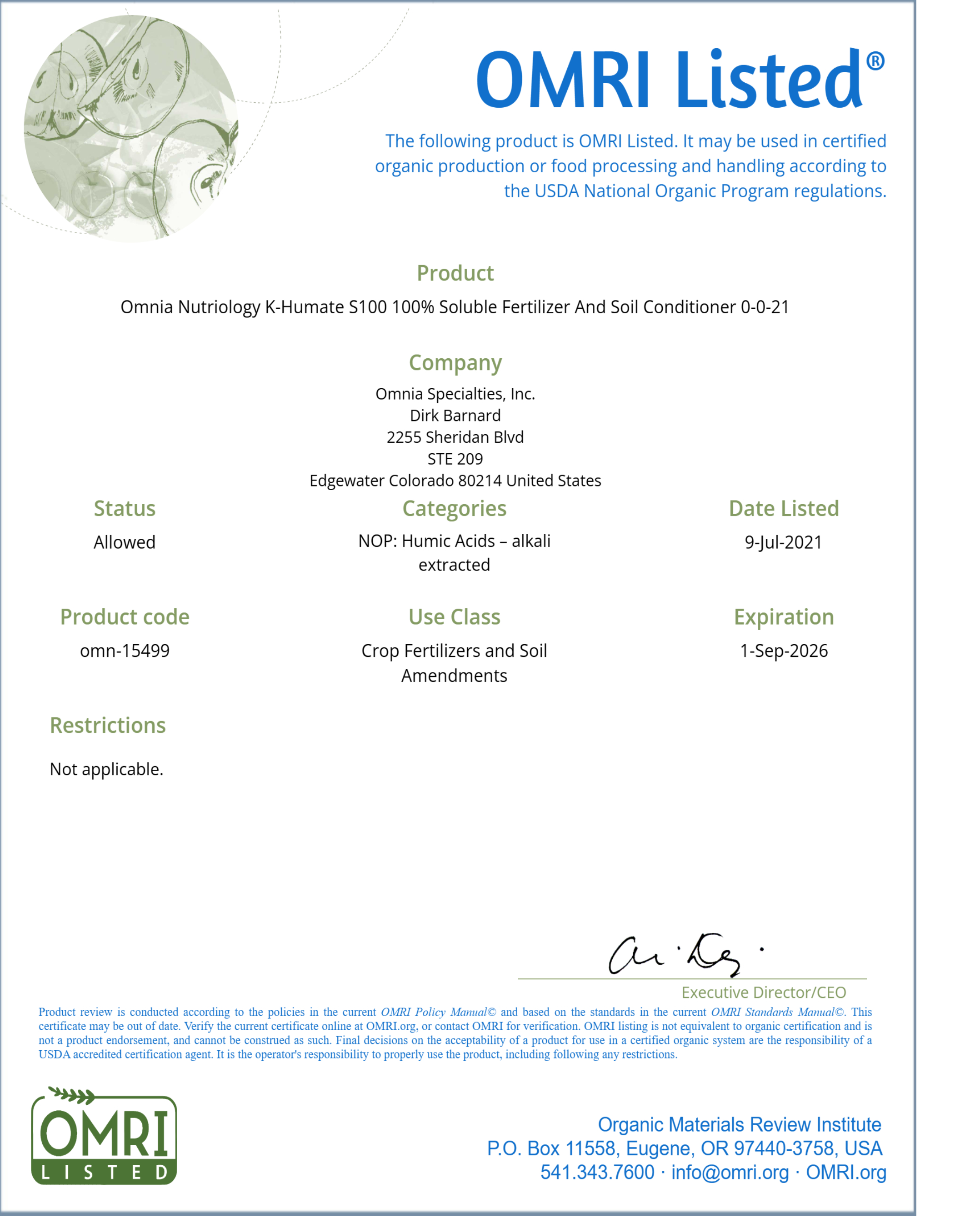 Omnia S 100 70% Australian Humic Acid powder 0-0-21 55# bag OMRI listed