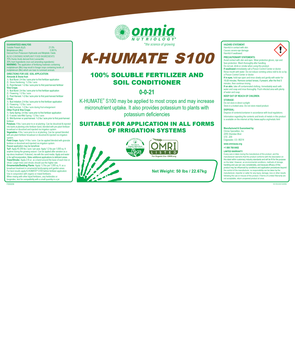 Omnia S 100 70% Australian Humic Acid powder 0-0-21 55# bag OMRI listed