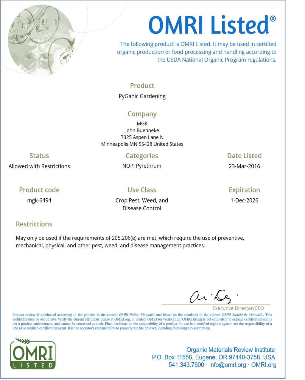 Pyganic Garden 1.4 OMRI listed