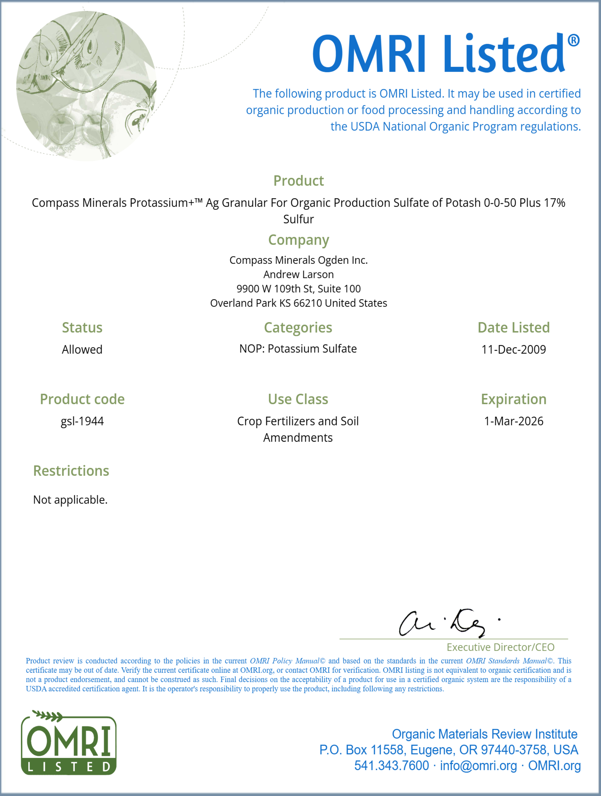 SULFATE OF POTASH (0-0-50) OMRI Listed