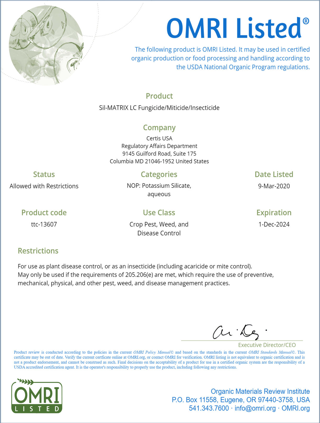 Certis Sil-Matrix LC OMRI listed