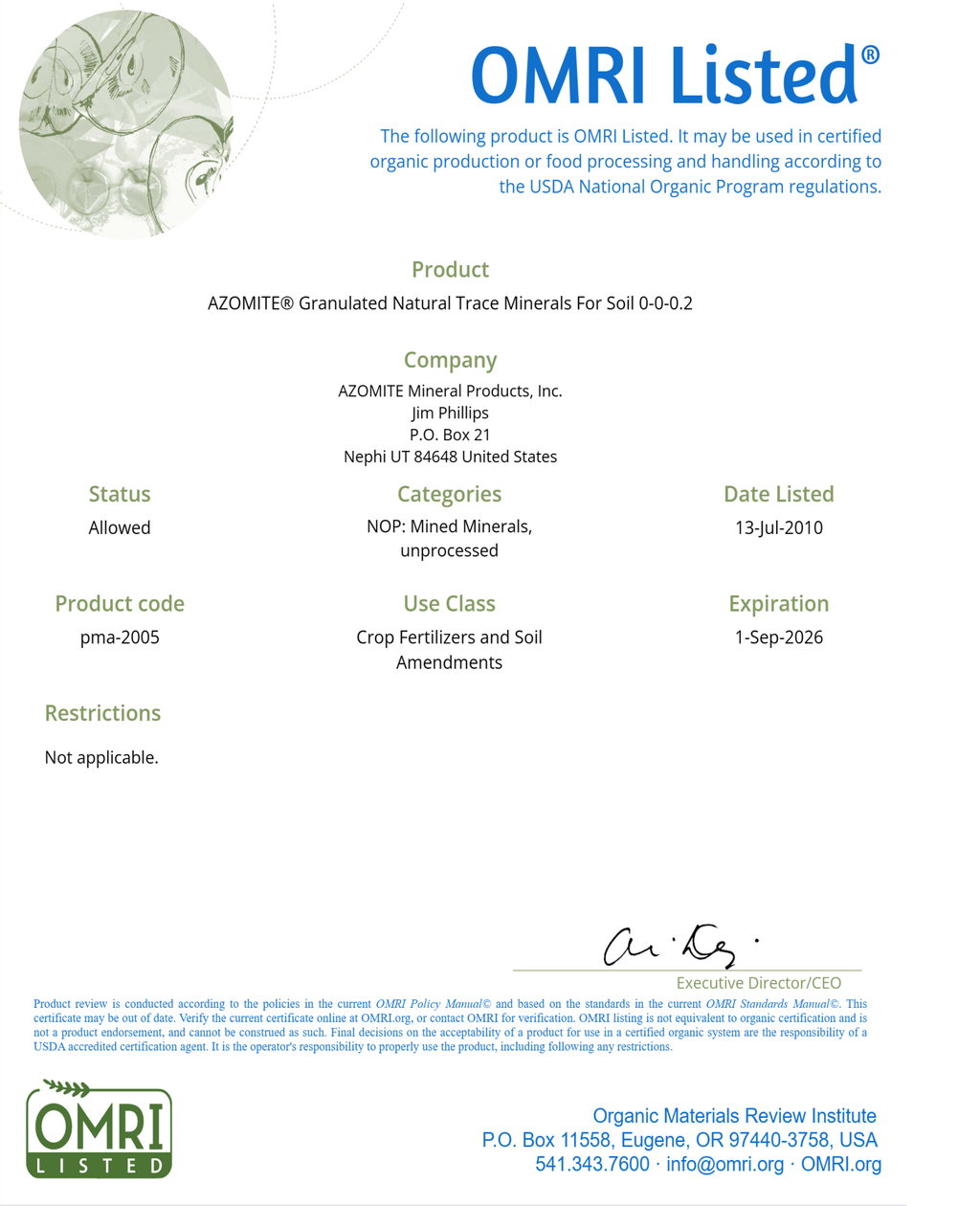 AZOMITE Minerals OMRI listed