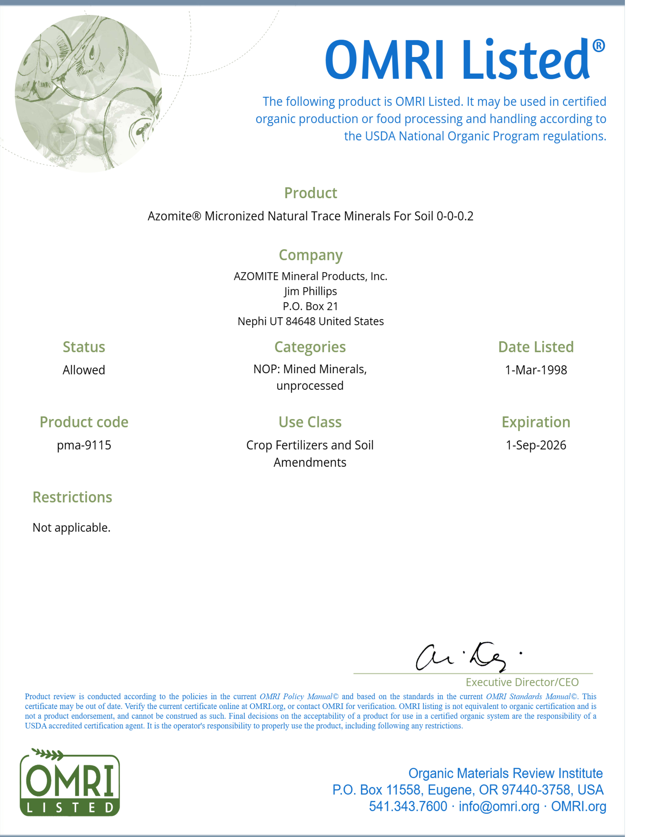 AZOMITE Minerals OMRI listed