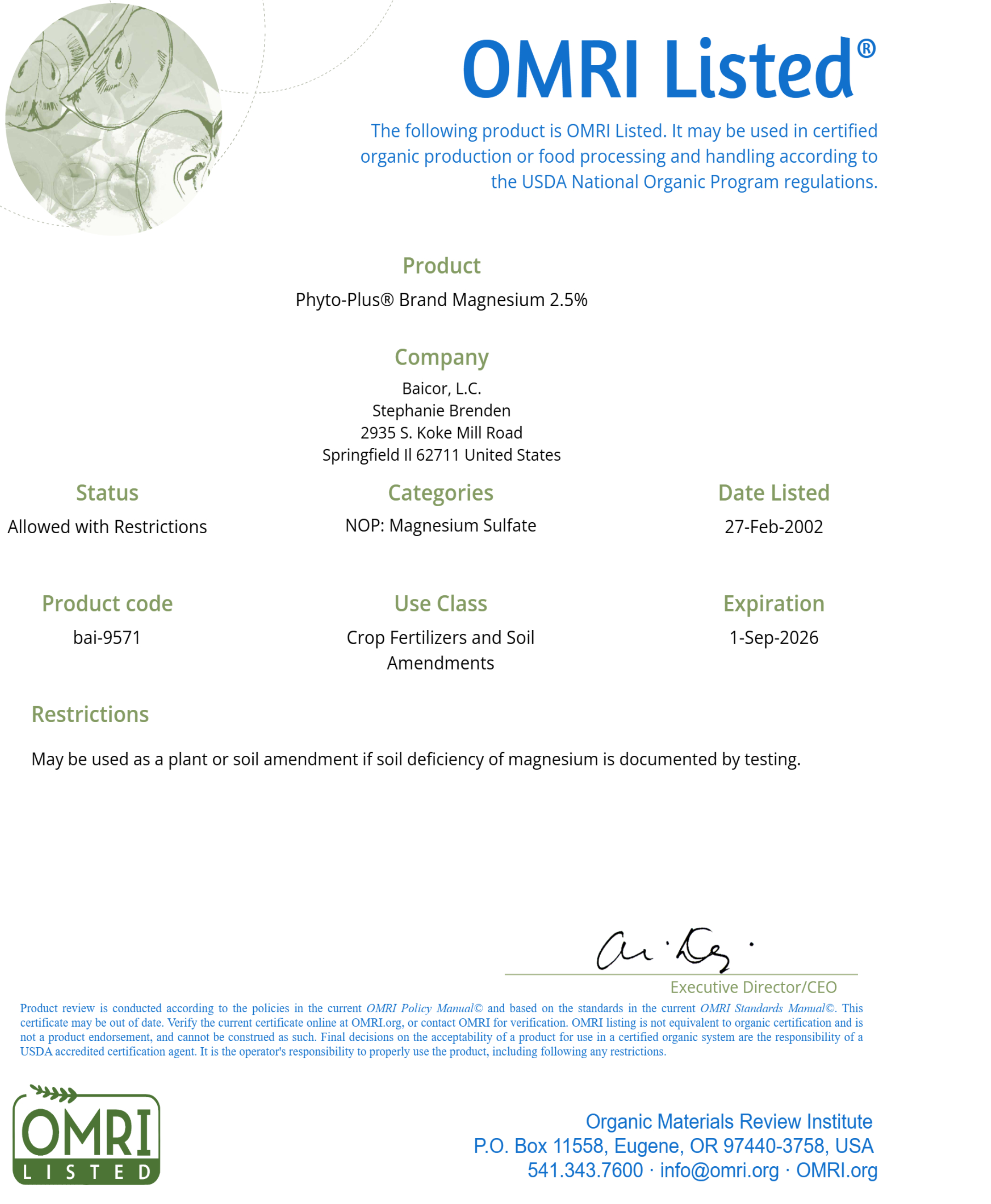 BAICOR CHELATED MAGNESIUM 2.5% OMRI listed