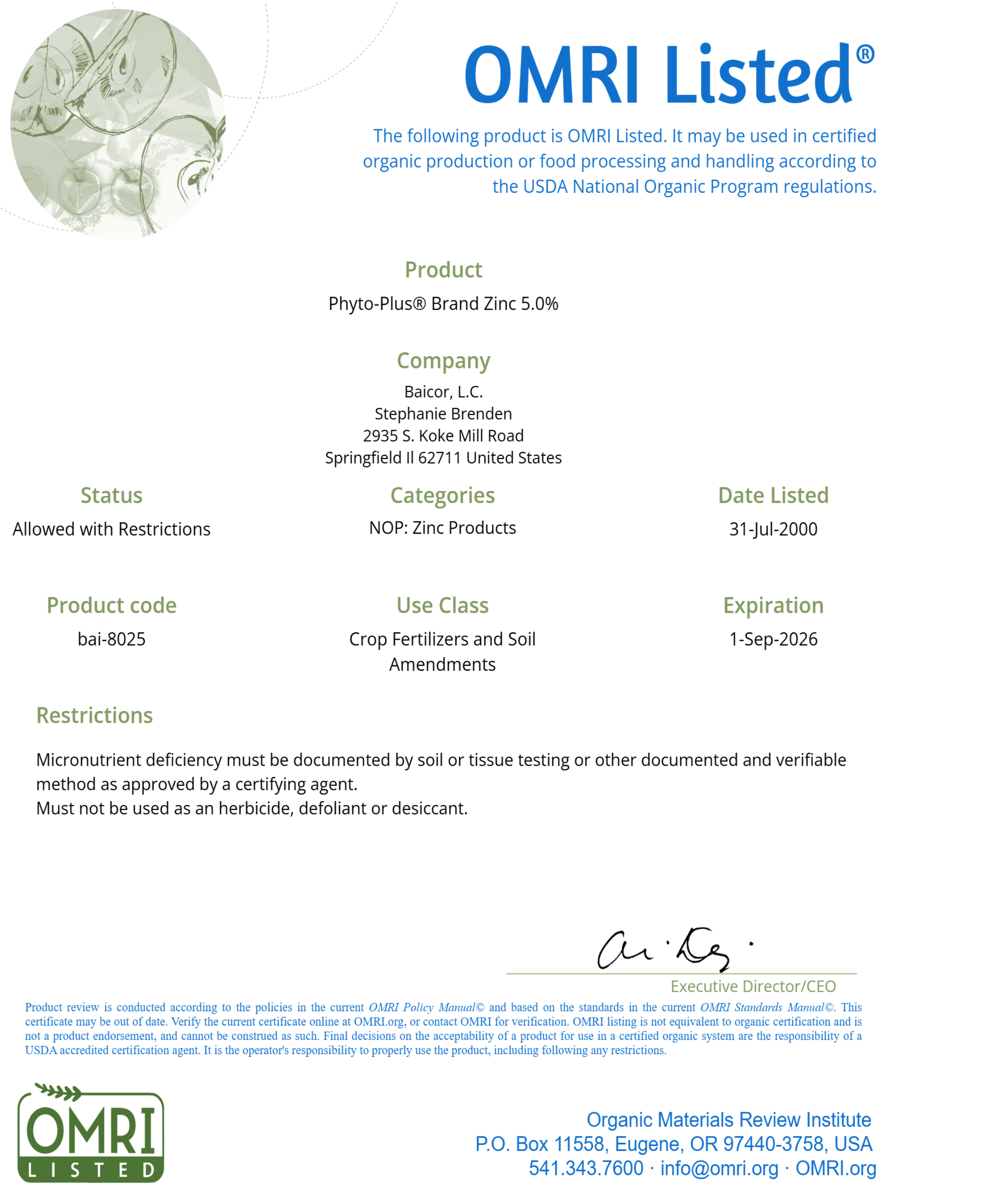BAICOR CHELATED ZINC 5.0%  OMRI listed