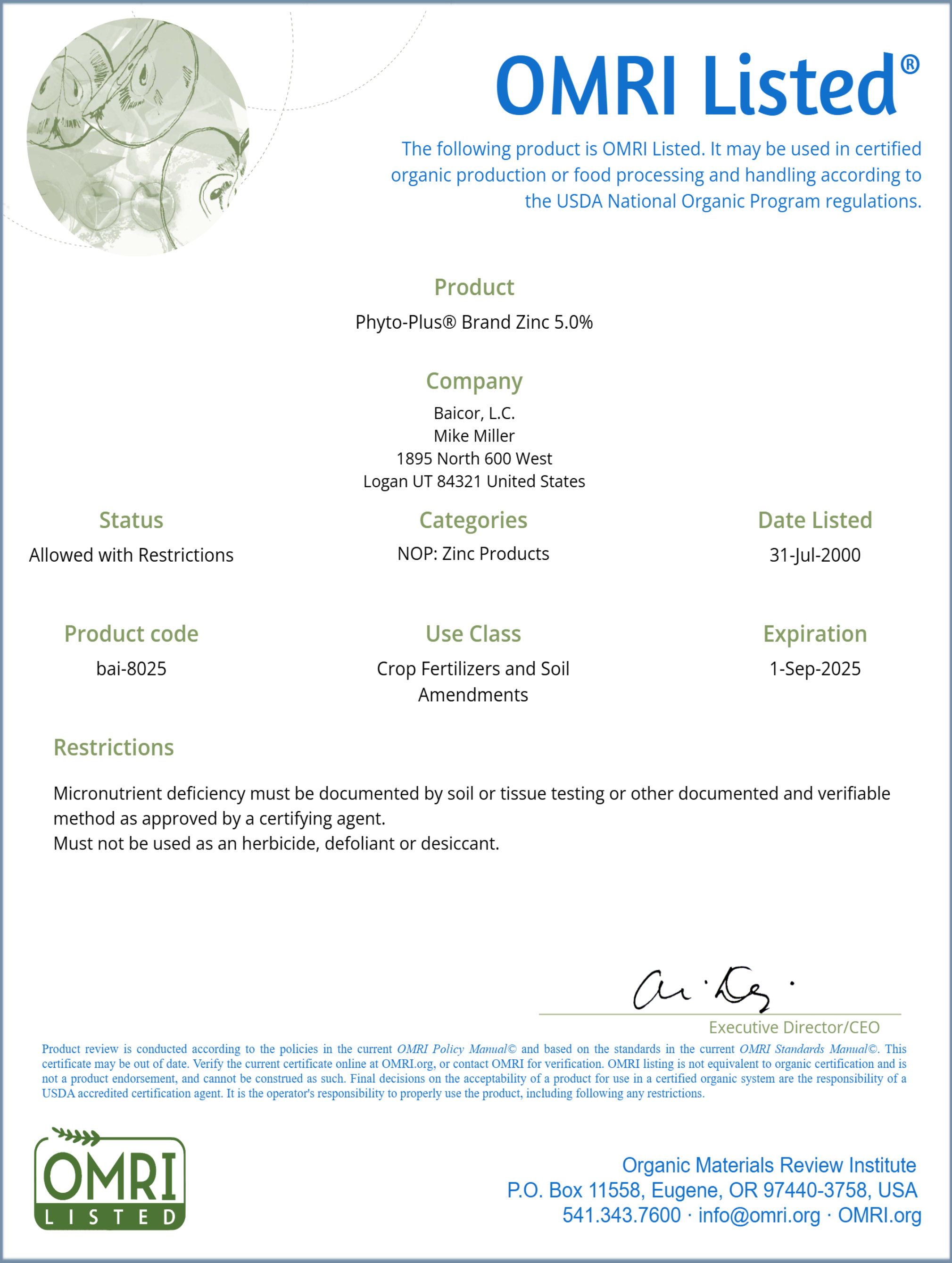 BAICOR CHELATED ZINC 5.0%  OMRI listed