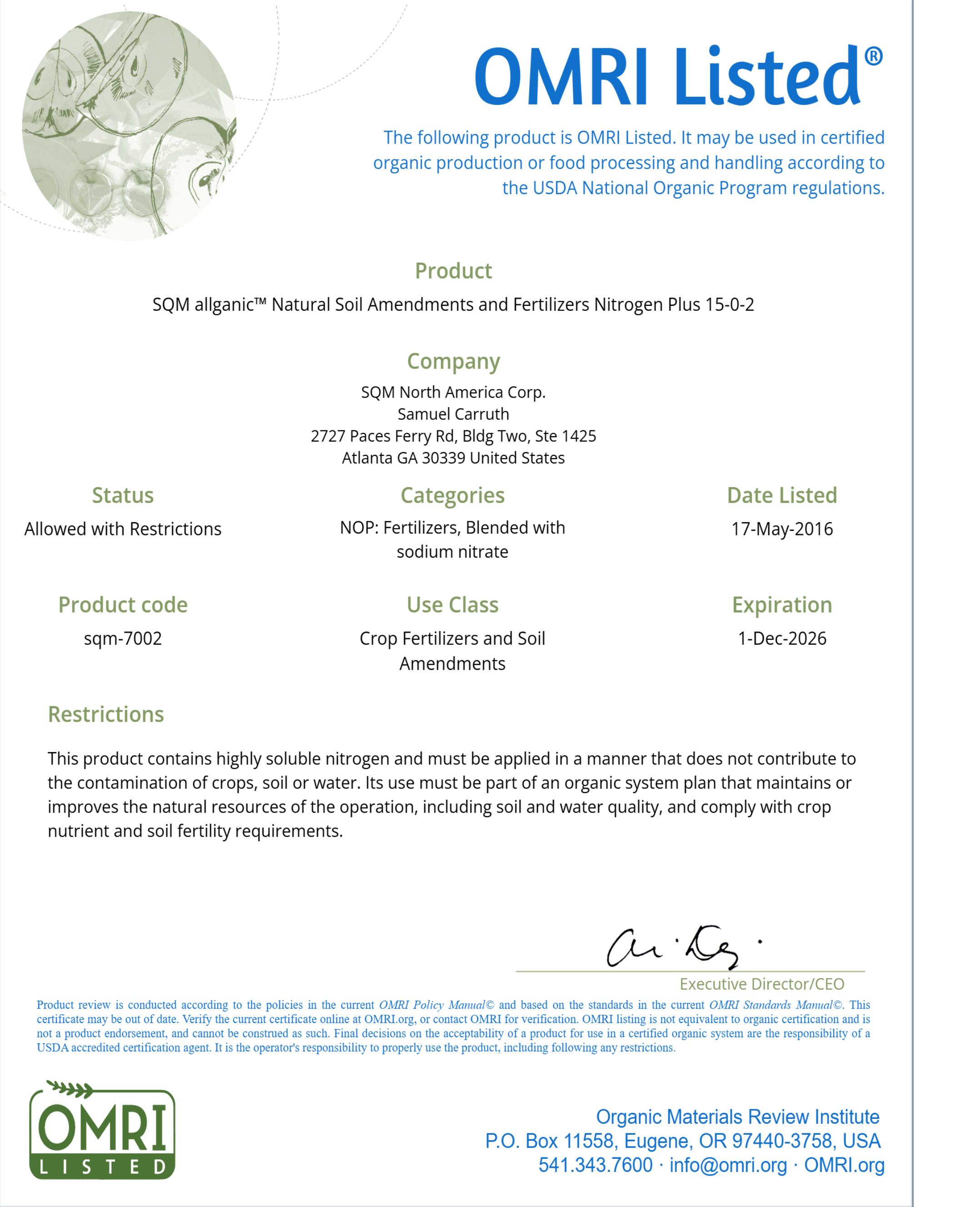 Chilean Nitrate 15-0-2 prills OMRI listed