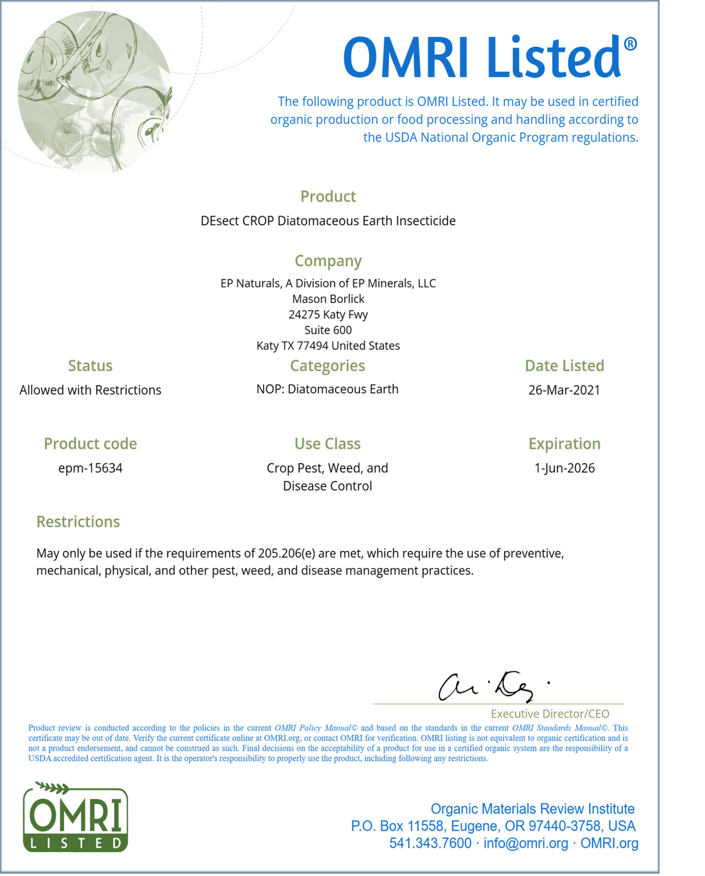 DIATOMACEOUS EARTH OMRI listed