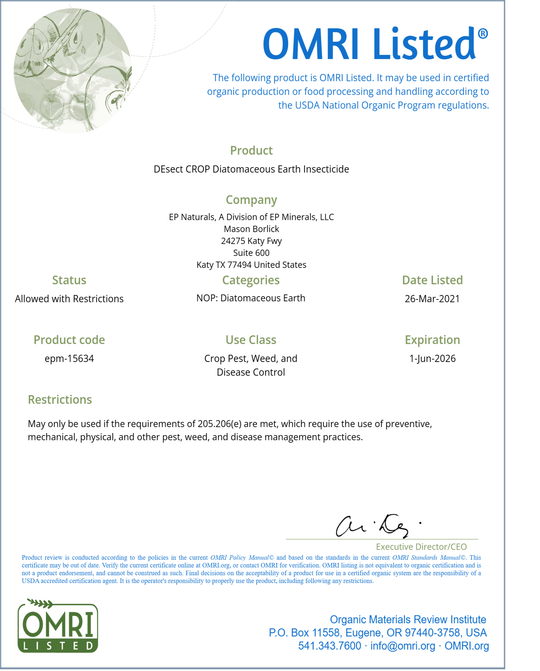 DIATOMACEOUS EARTH OMRI listed