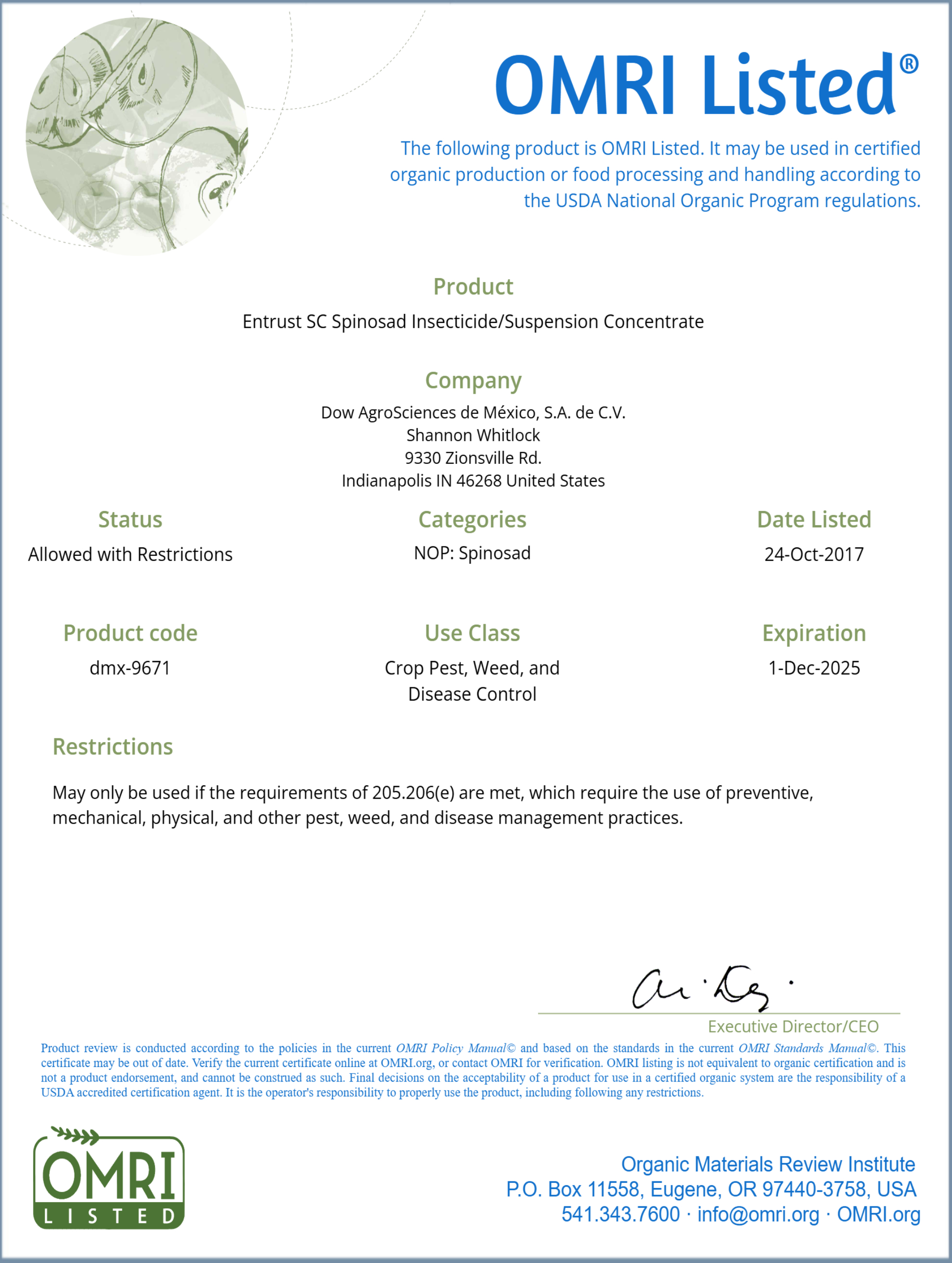 Entrust SC 22.5% Spinosad OMRI listed
