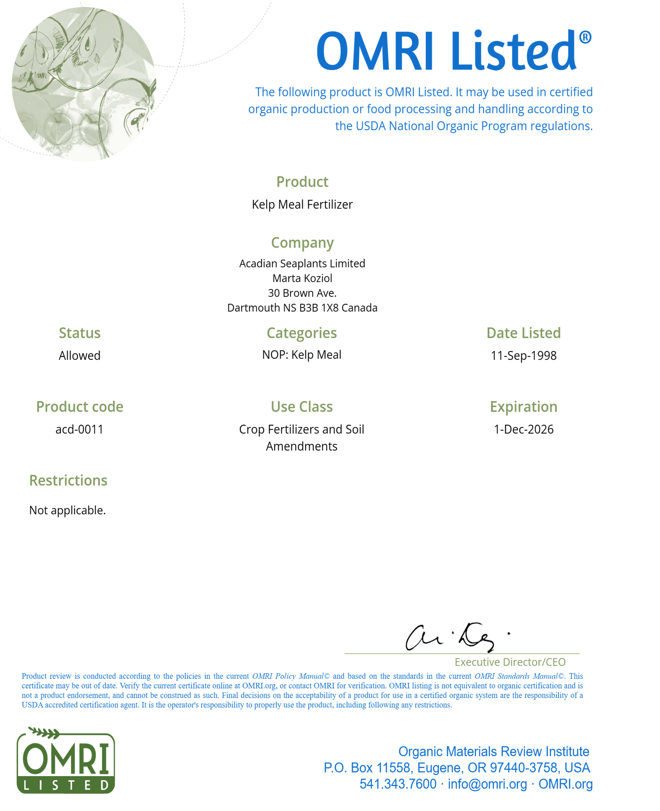 Kelp Meal for soil Certified Organic (Ascophyllum nodosum) OMRI listed