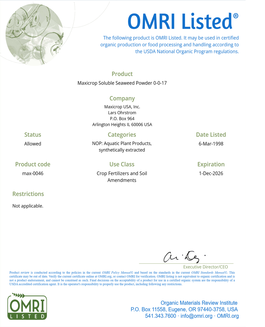 MAXICROP SOLUBLE SEAWEED POWDER 0-0-17 OMRI listed