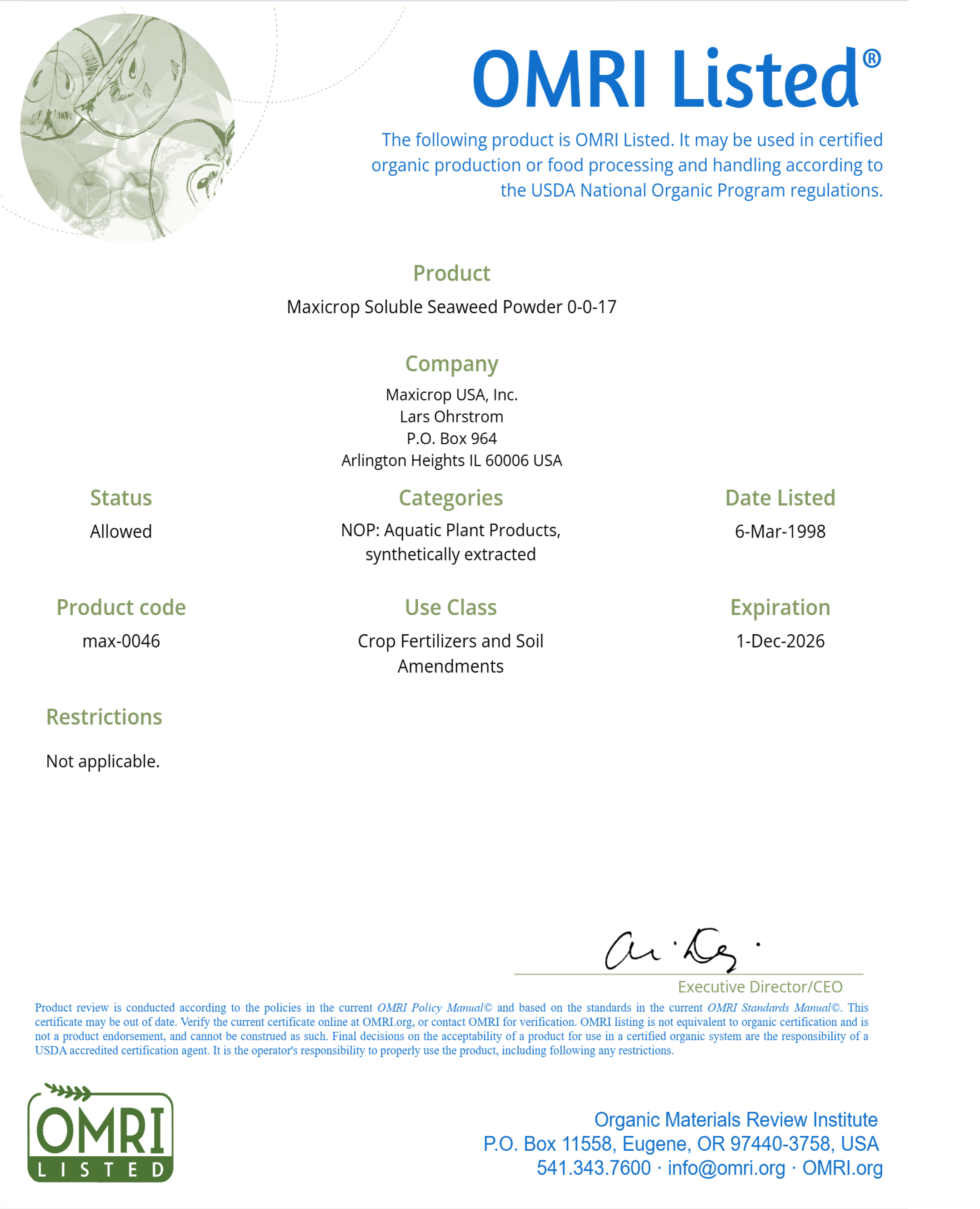 MAXICROP SOLUBLE SEAWEED POWDER 0-0-17 OMRI listed