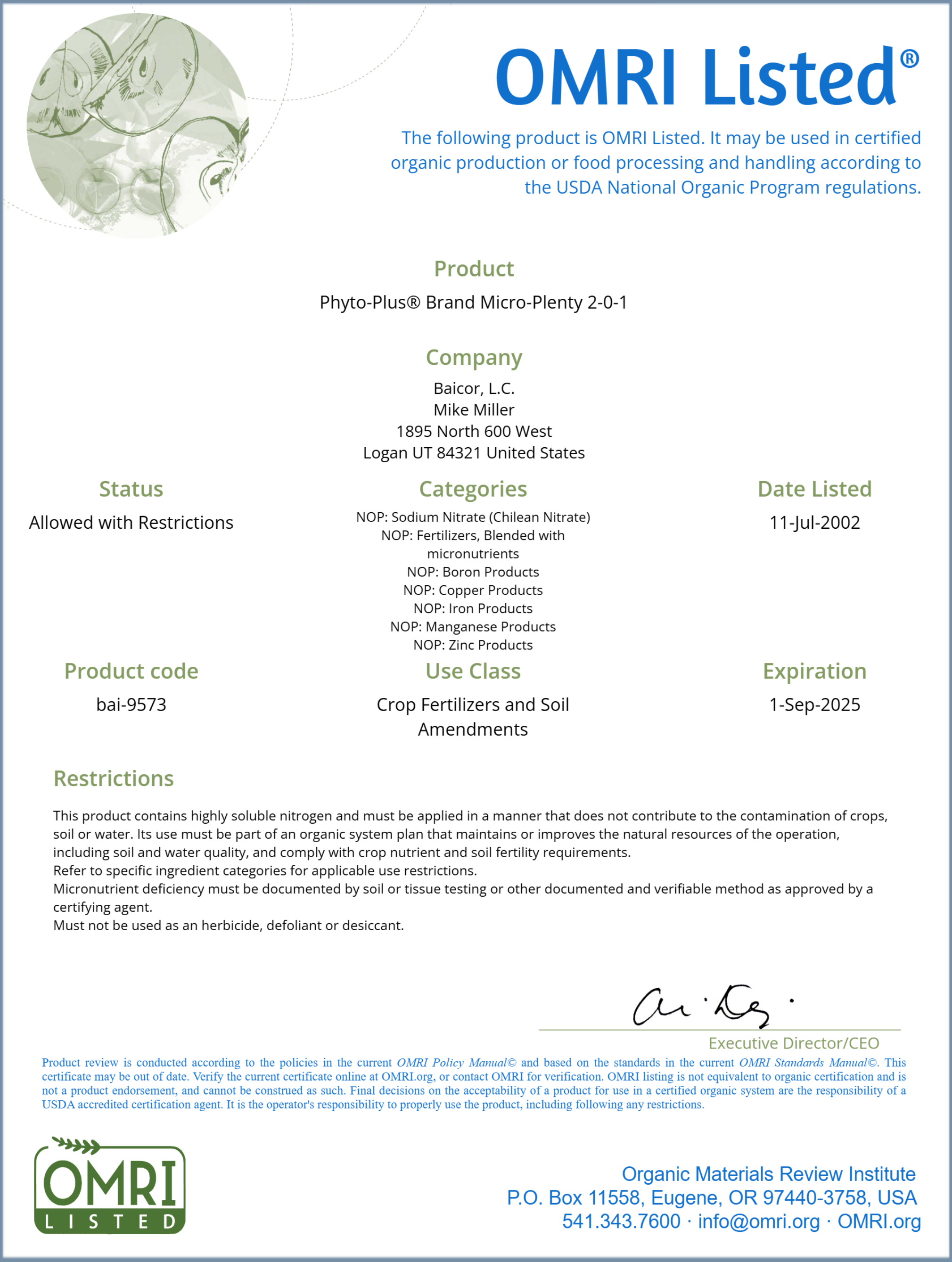 BAICOR MICRO-PLENTY™ 2-0-1 (2% Fe, 2% Zn, 2% Mn, 0.1% B, 0.1% Ca) OMRI listed