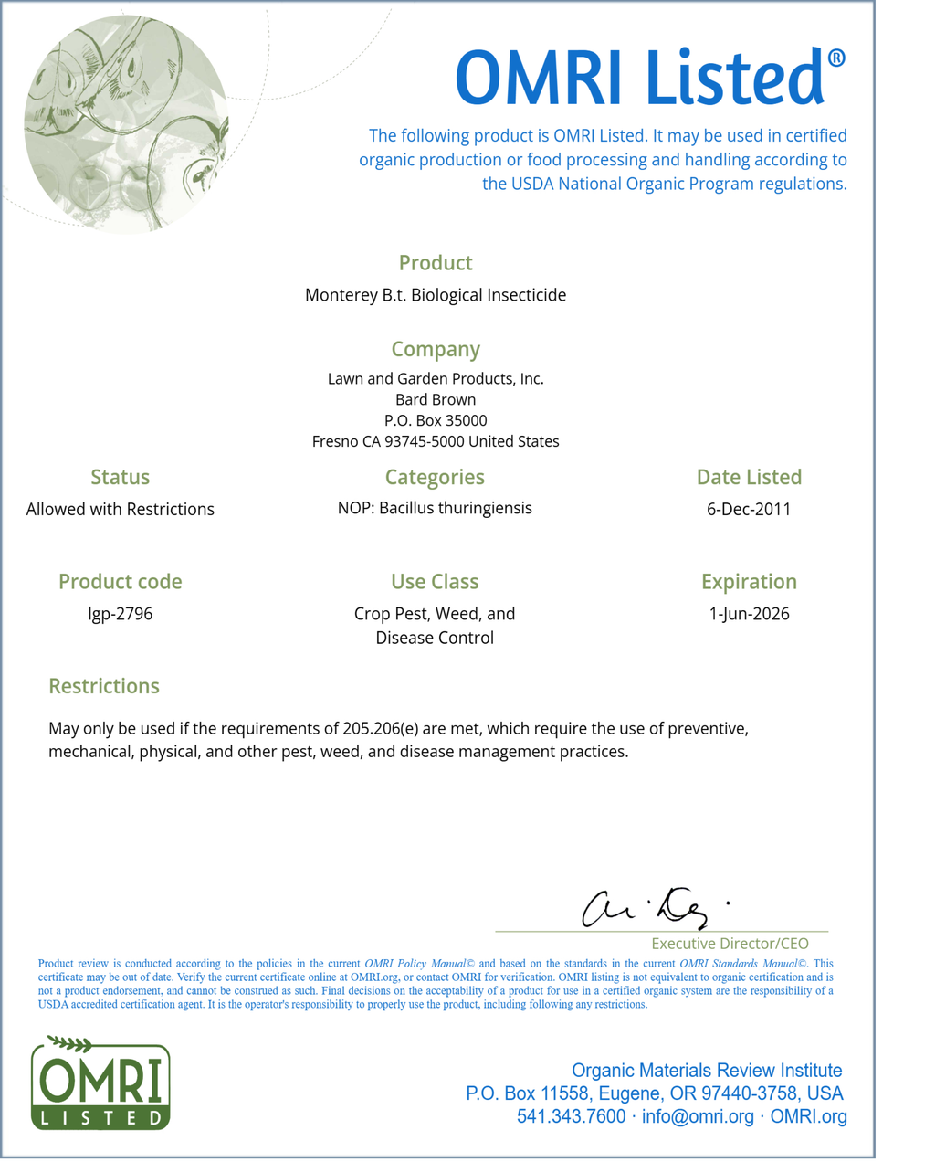 Monterey B.T. (Bacillus Thuringiensis) OMRI listed