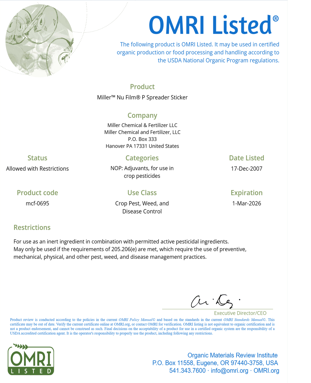 Nu Film P spreader sticker OMRI listed gallon