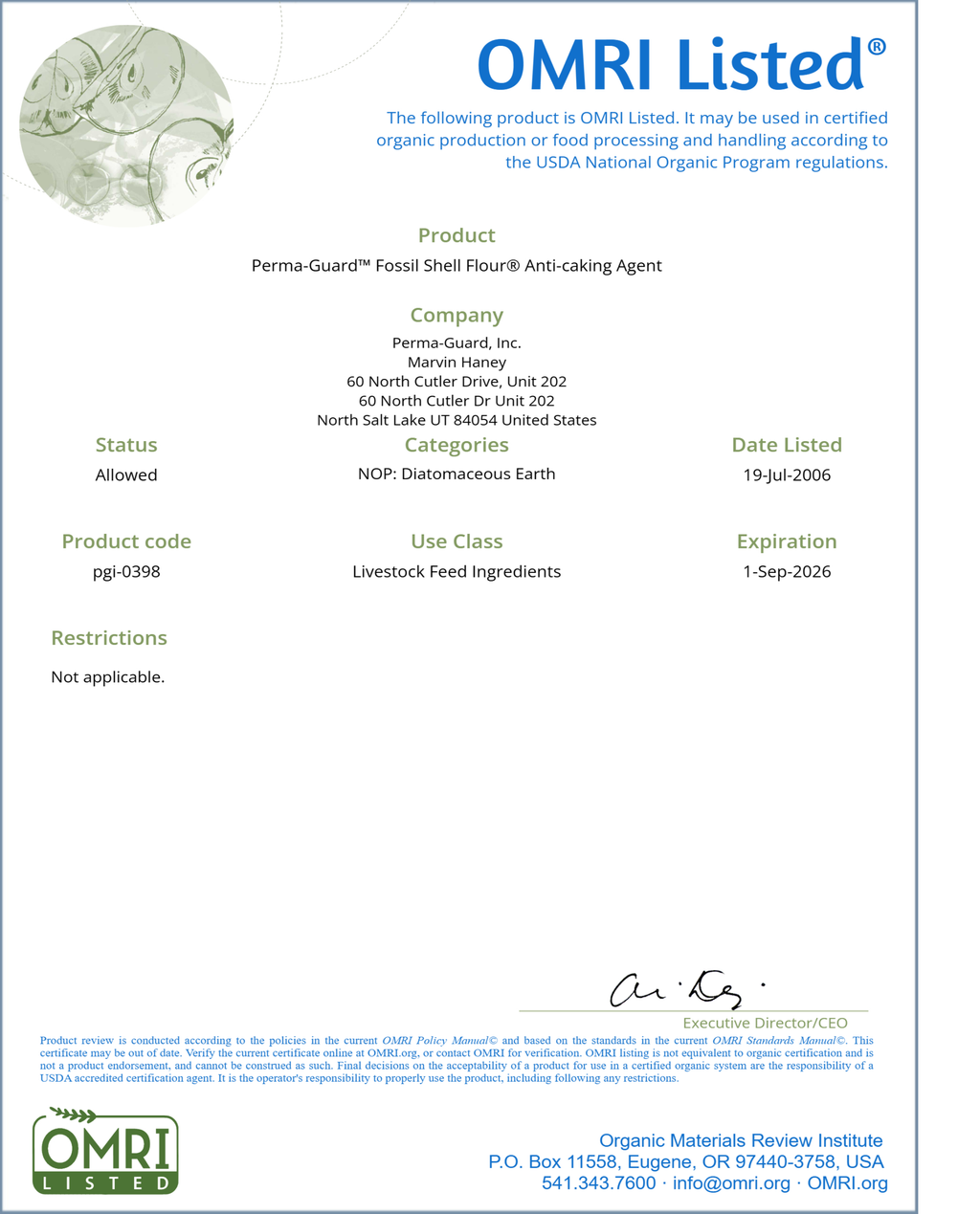 DIATOMACEOUS EARTH Perma Guard OMRI listed