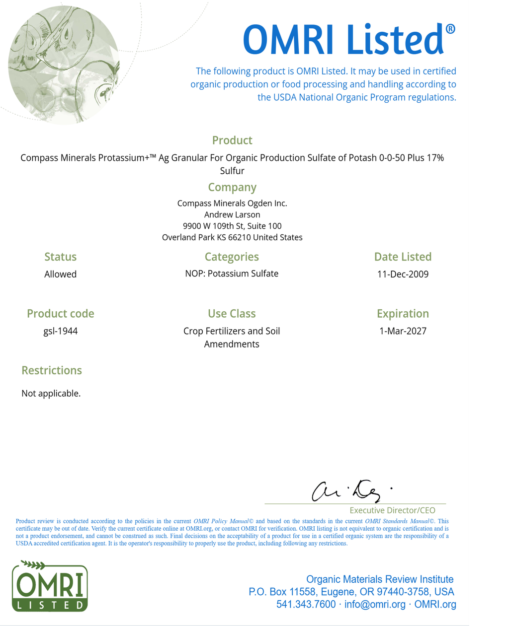 SULFATE OF POTASH (0-0-50) OMRI Listed