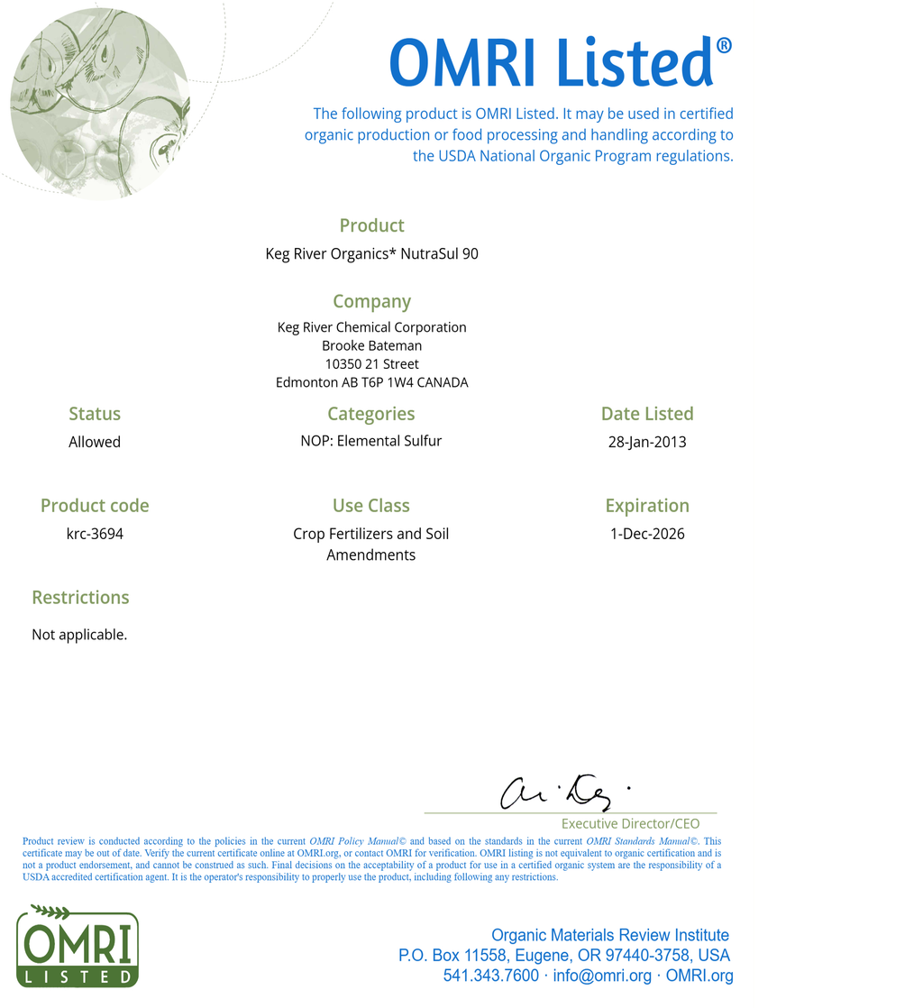 Sulfur (Elemental 90%) OMRI Listed