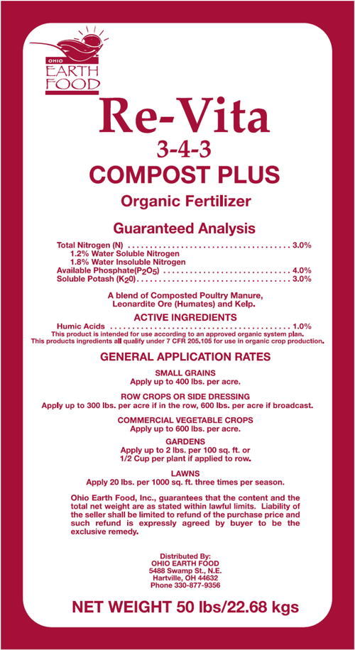 ReVita Compost Plus 3-4-3 50# bag. See below or call for bulk