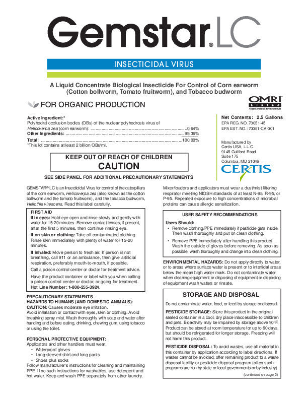 GEMSTAR biological insecticides OMRI listed