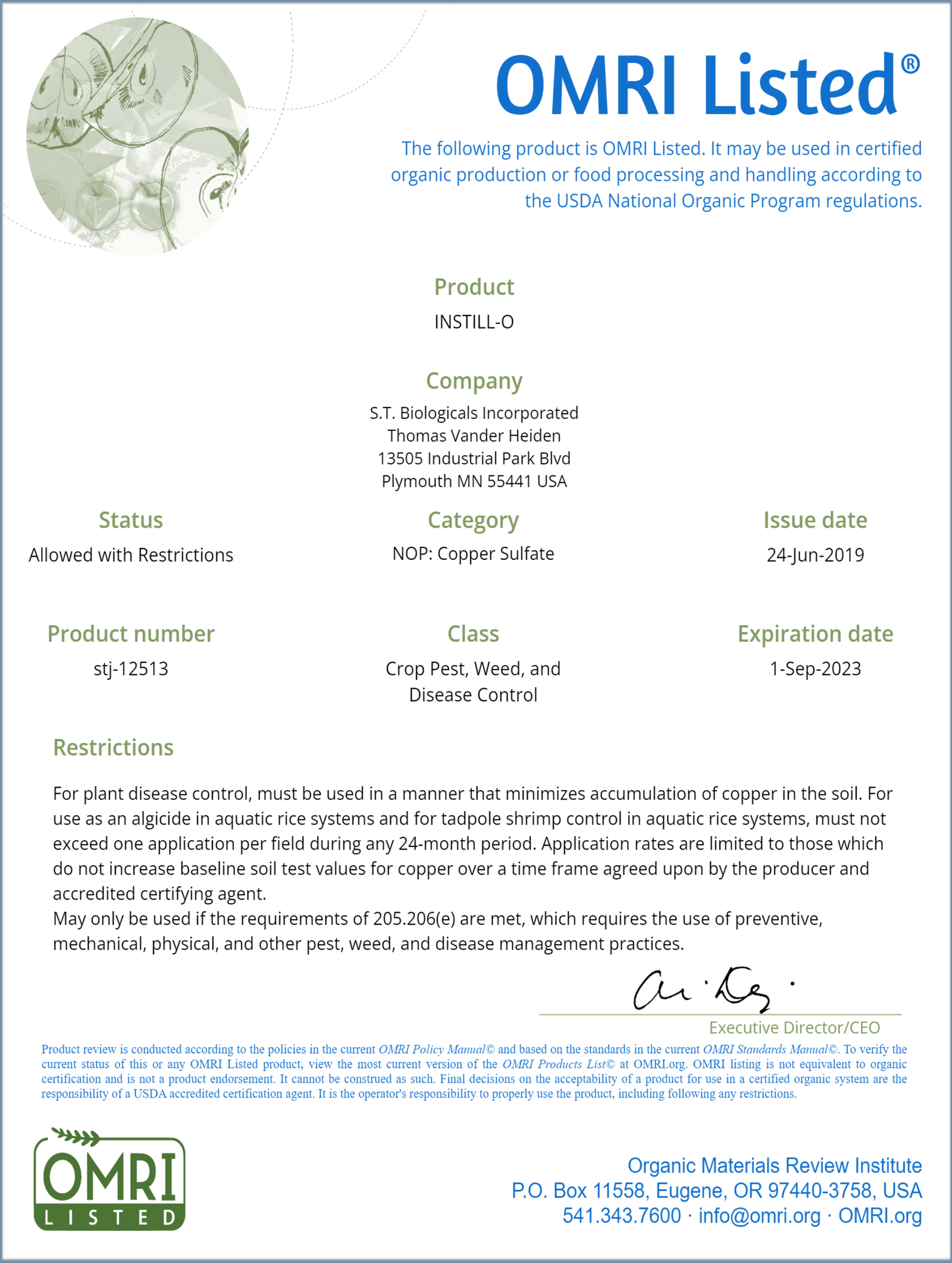 Instill-O systemic copper OMRI listed