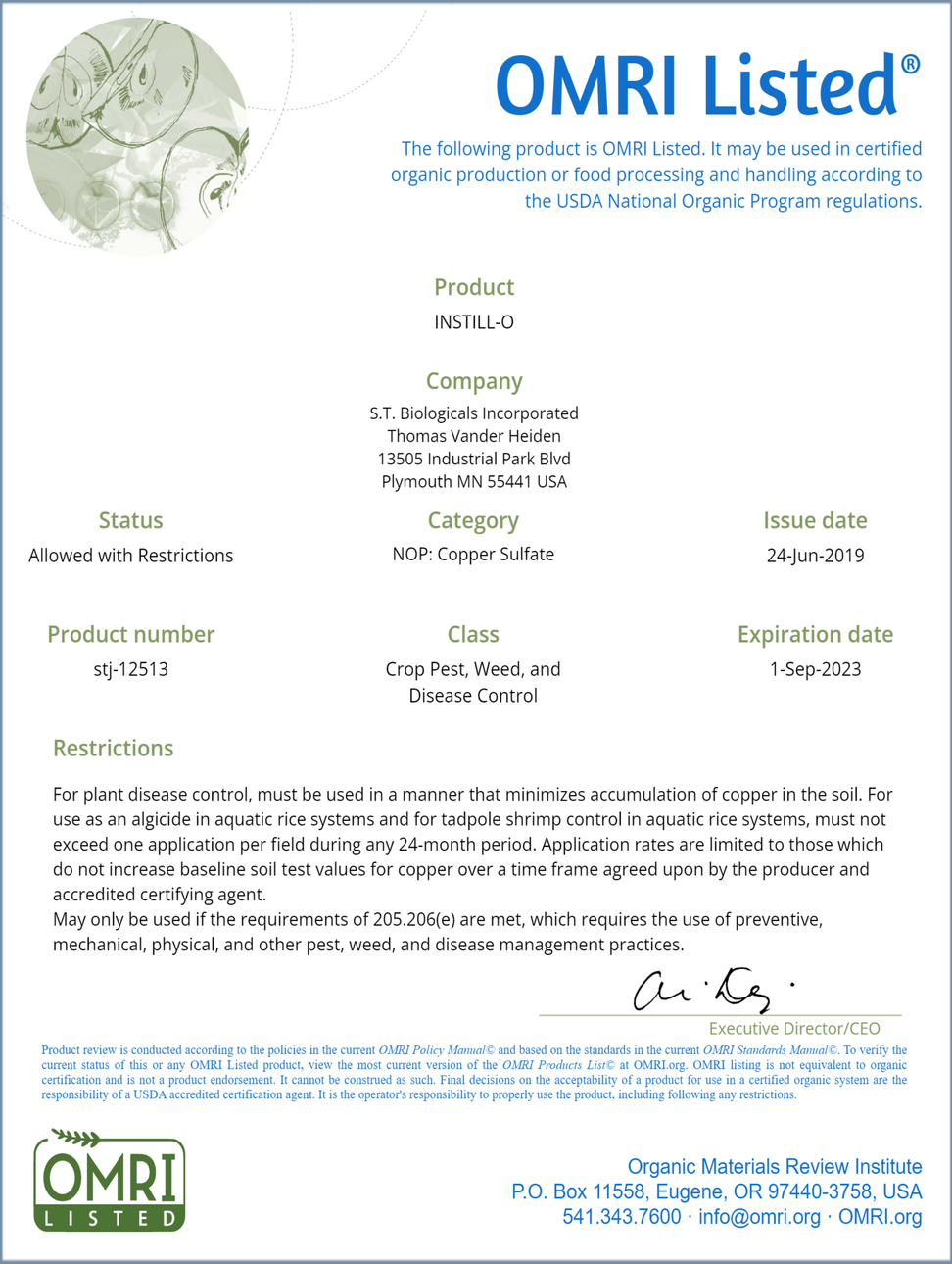 Instill-O systemic copper OMRI listed