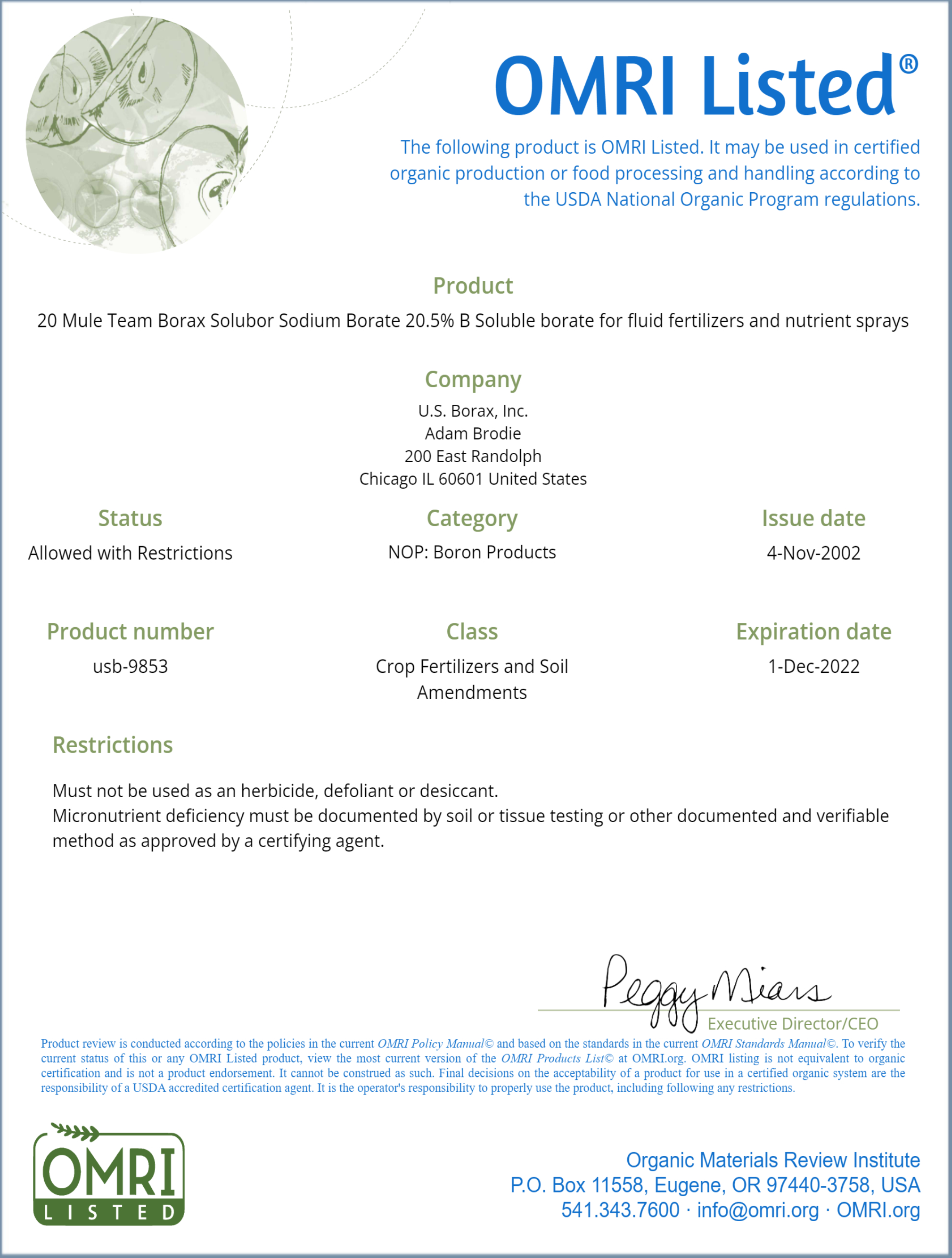 Solubor soluble 20.5% Boron OMRI Listed
