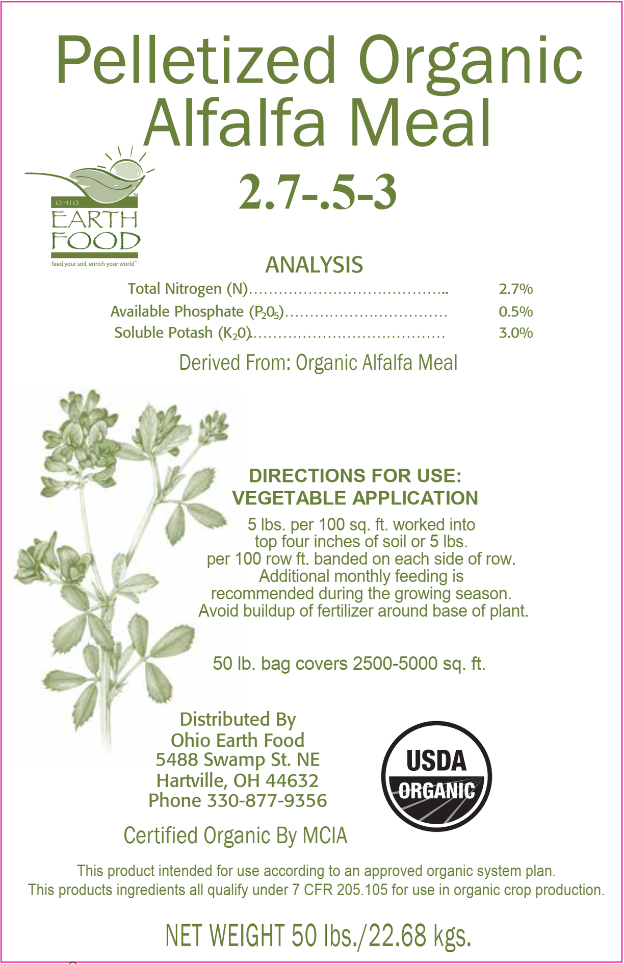 Alfalfa Meal Pelletized Certified Organic