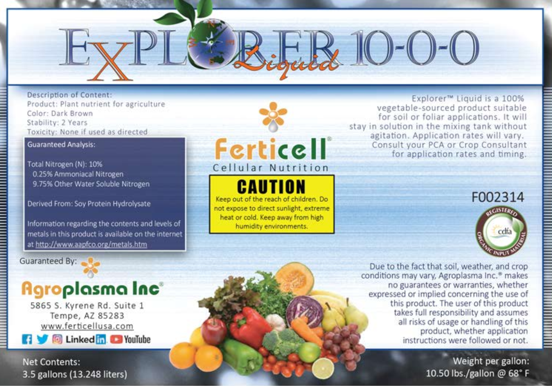 10-10-10 liquid fertilizer organic Ferticell Explorer 10-0-0 liquid Nitrogen 3.5 Gal