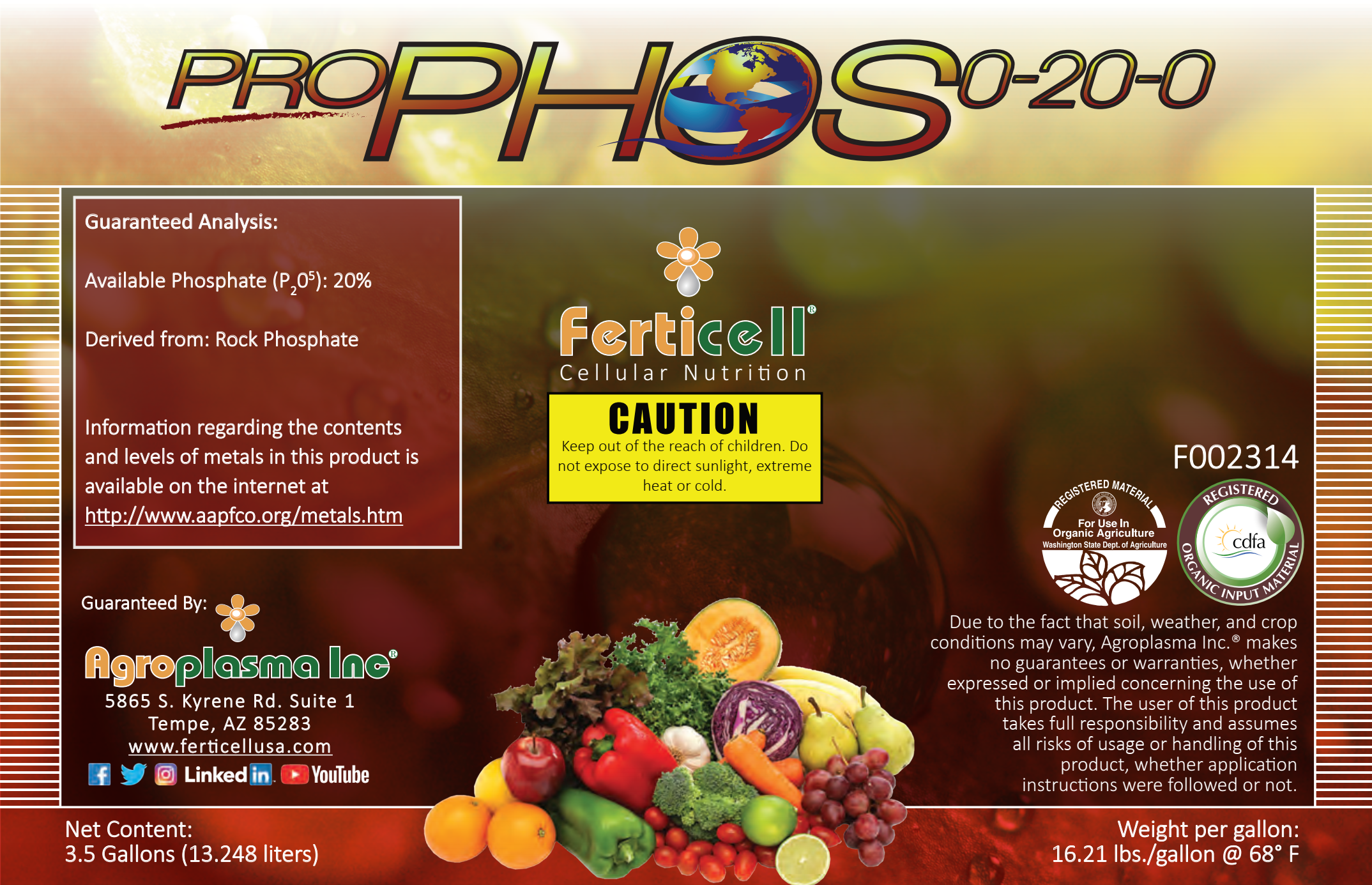high phosphorus organic liquid fertilizer Ferticell Pro Phos 0-20-0 liquid Phosphorus 3.5 Gal