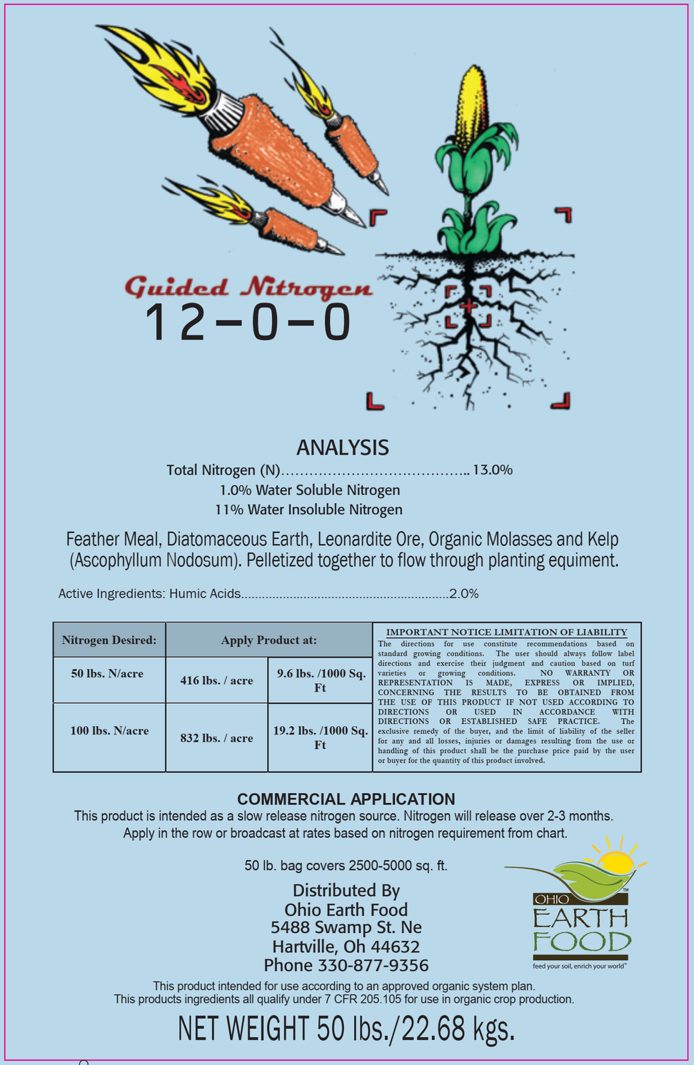 Guided Nitrogen 12-0-0 pelletized feather meal with kelp, humate and Diat. Earth