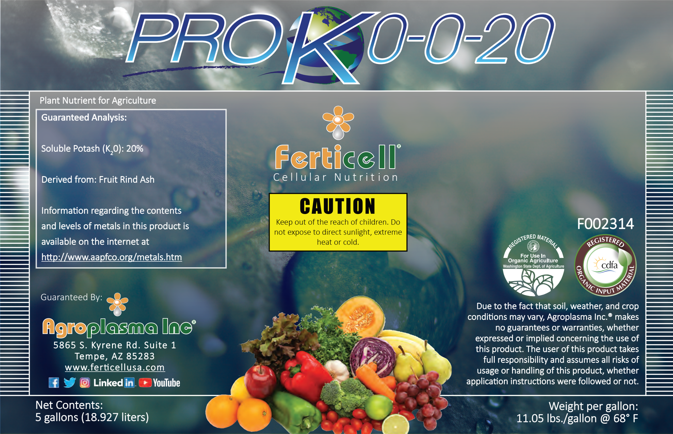 Ferticell Pro K 0-0-20 liquid Potassium 2.5 Gal - WSDA Listed