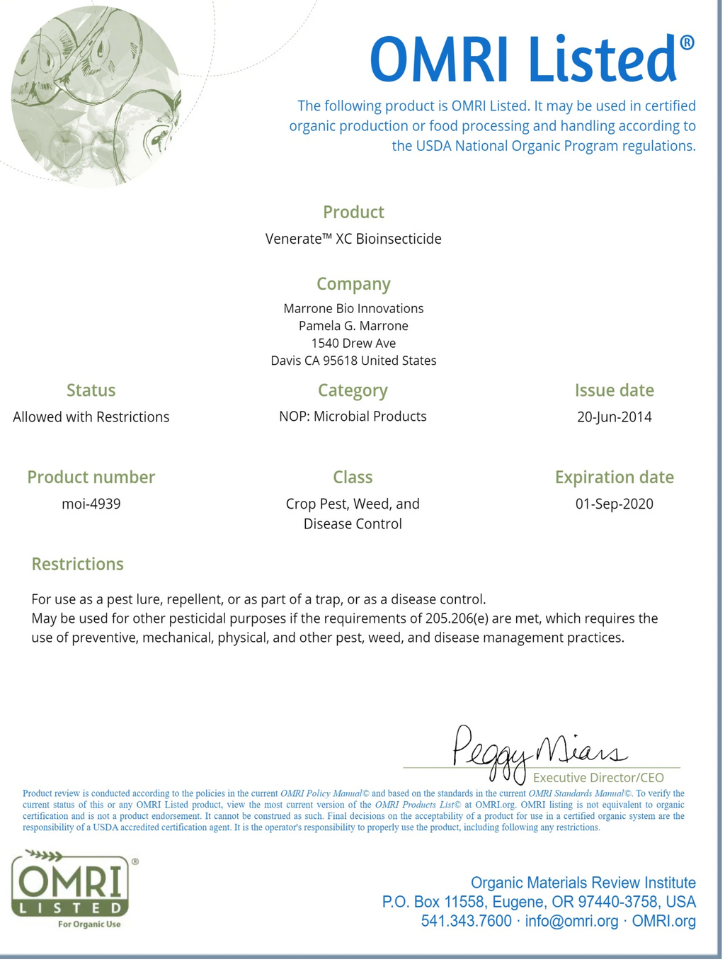 Venerate XC Bioinsecticide OMRI listed