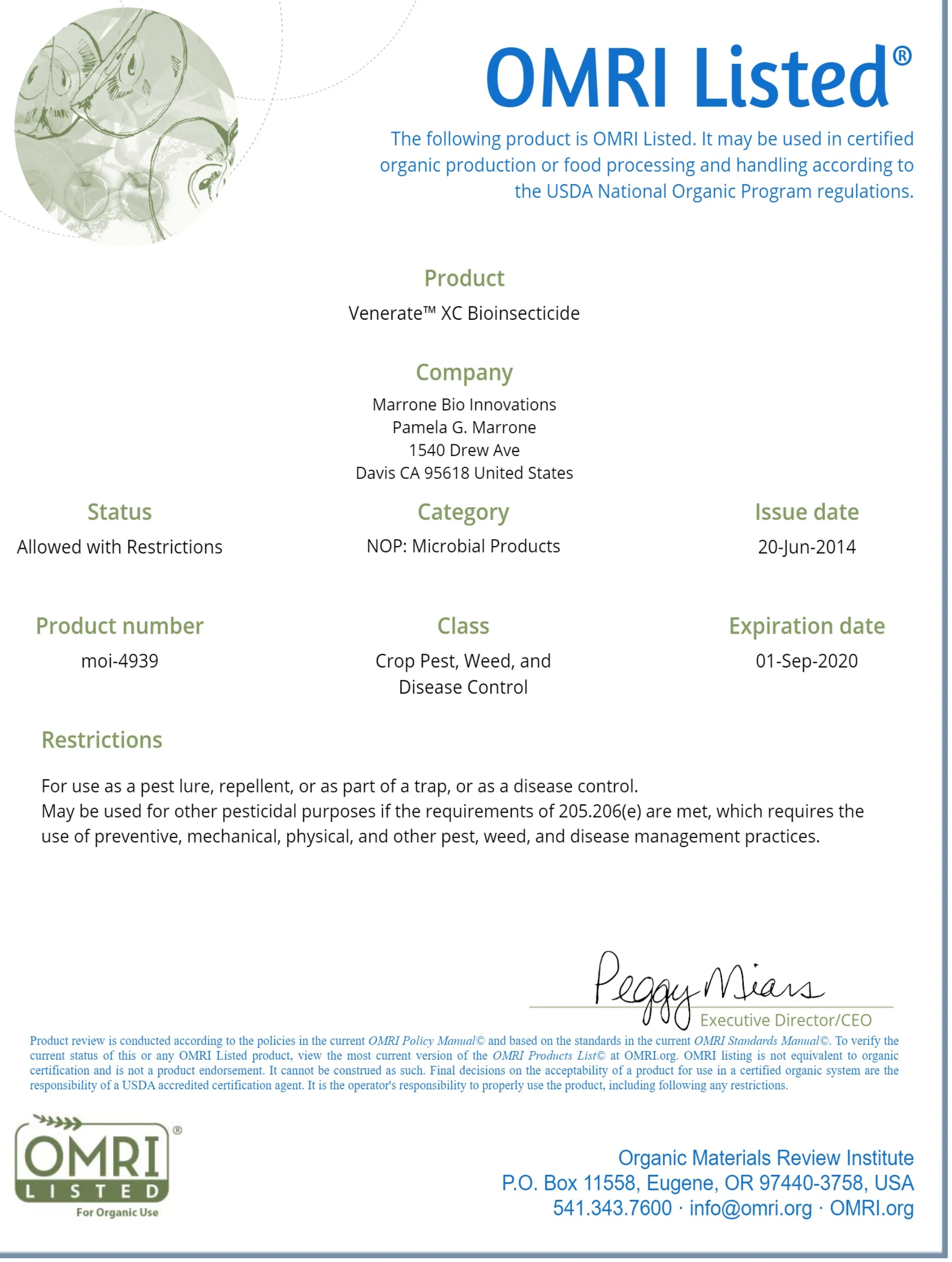 Venerate XC Bioinsecticide OMRI listed